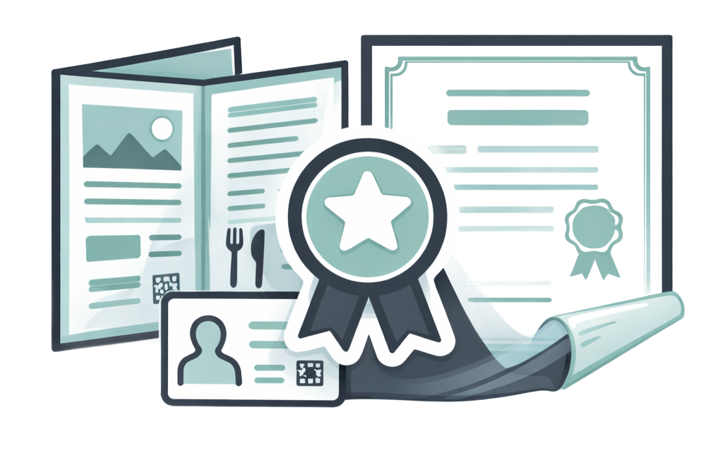 Brochure, badge, certificate, and ID card illustration. Light teal and gray.