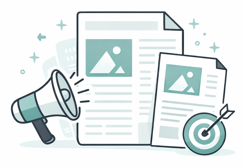 Megaphone broadcasting documents, with a bullseye, representing targeted content.