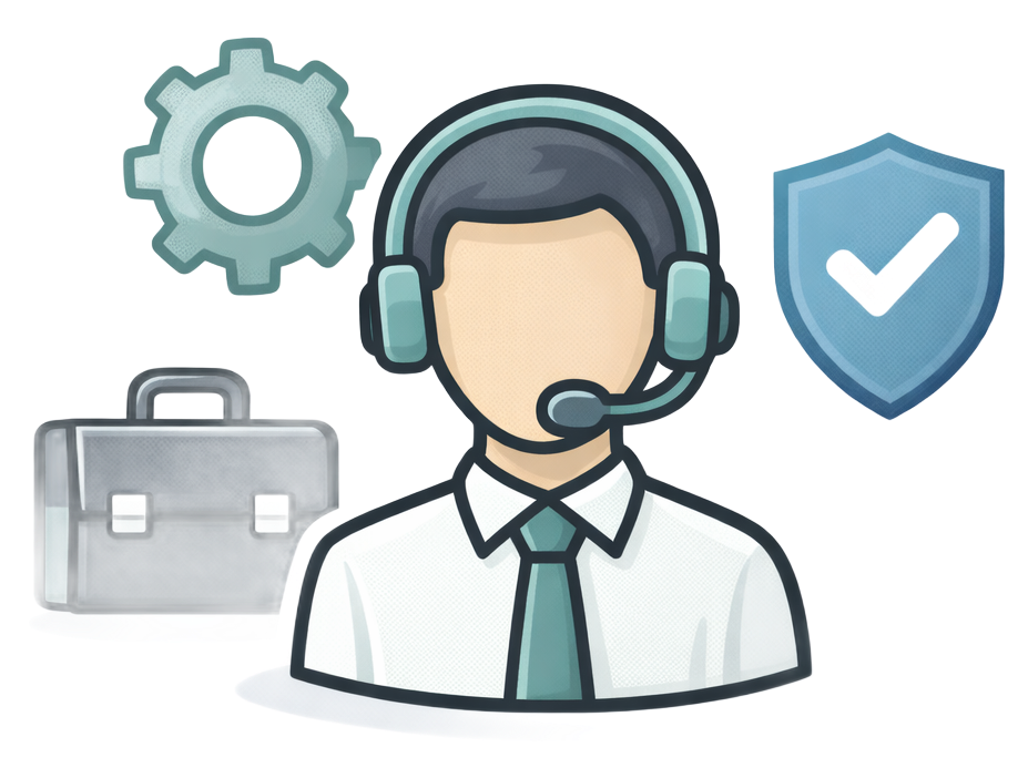 Customer service representative with headset, surrounded by a briefcase, gear icon, and security shield.