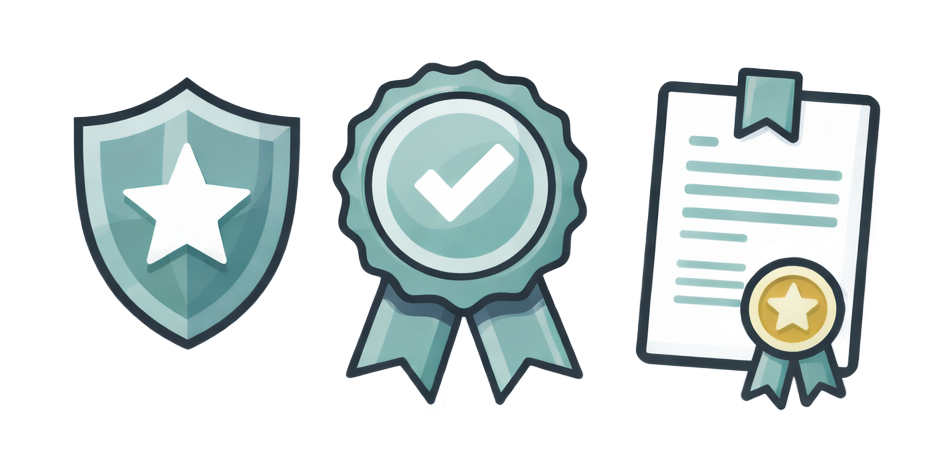 Shield, ribbon, and document icons represent certification and security.