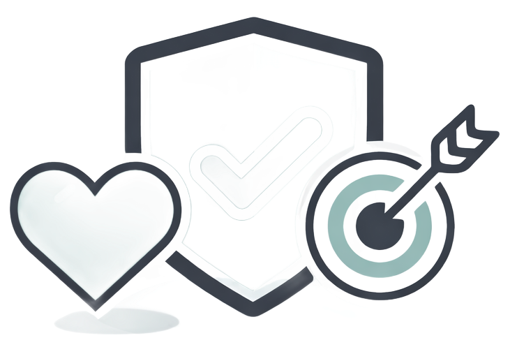 Icon with heart, shield with checkmark, and bullseye, representing brand values.