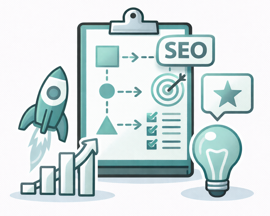 Illustration of SEO strategy with rocket, growth chart, checklist, and lightbulb.