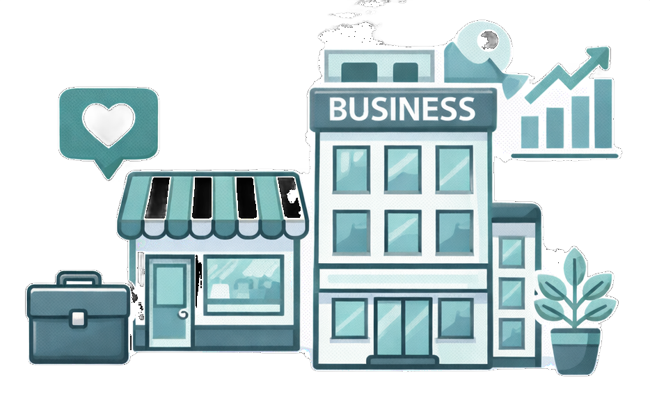 A small shop and a multistory business building; a briefcase, a heart-shaped icon, and a growing graph.