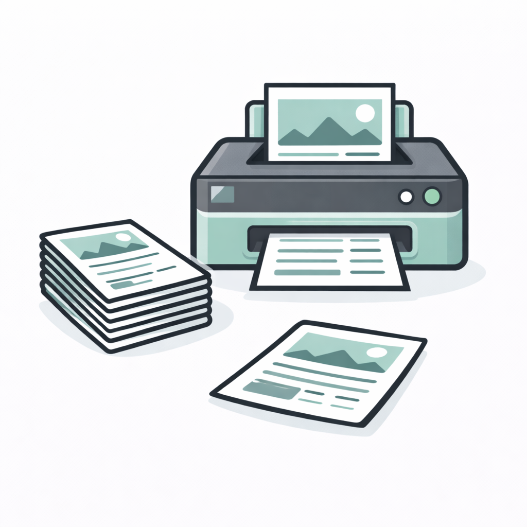 Printer printing documents with a stack of printed pages and two on the ground.