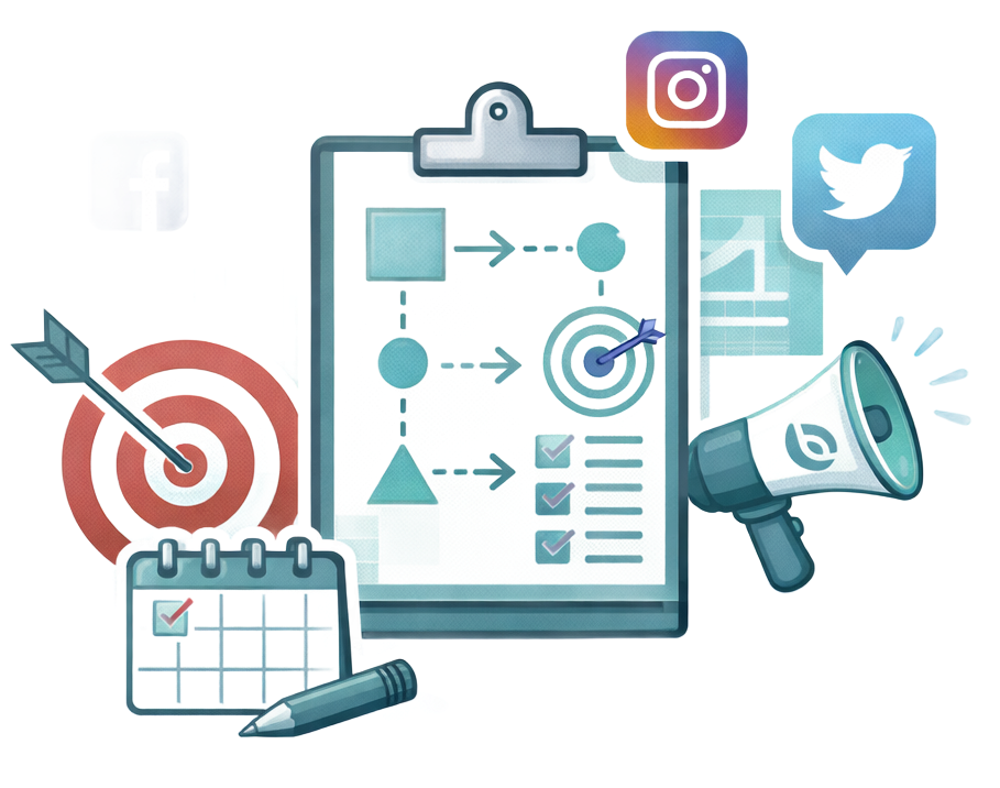 Social media strategy illustration: clipboard, social icons, target, calendar, megaphone, and pencil.