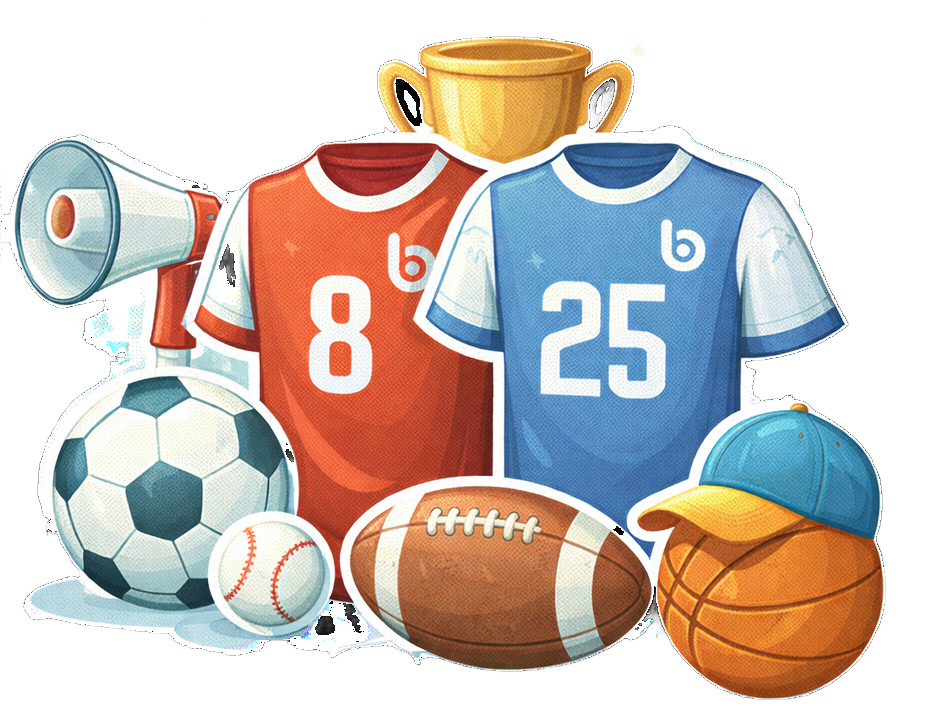 Sports equipment and jerseys with a trophy and megaphone.