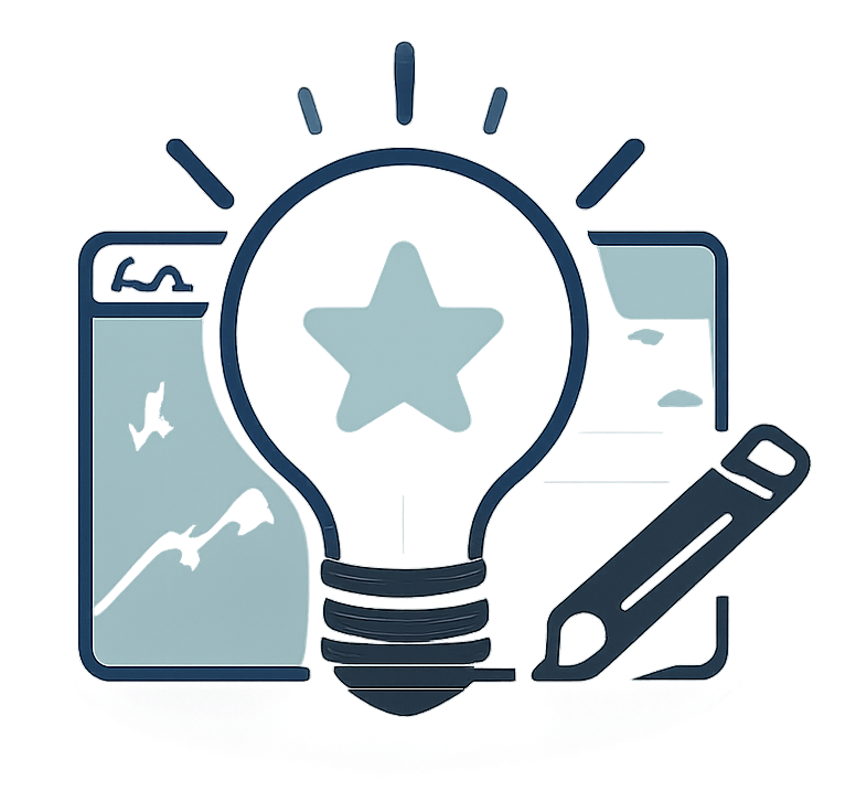 Illustration of a lightbulb with a star, a computer screen, and a pencil, text reads: Stand-out visual branding.