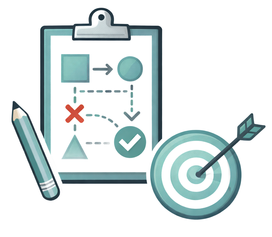 Clipboard with flowchart, pencil, and target with arrow, symbolizing planning and goals.