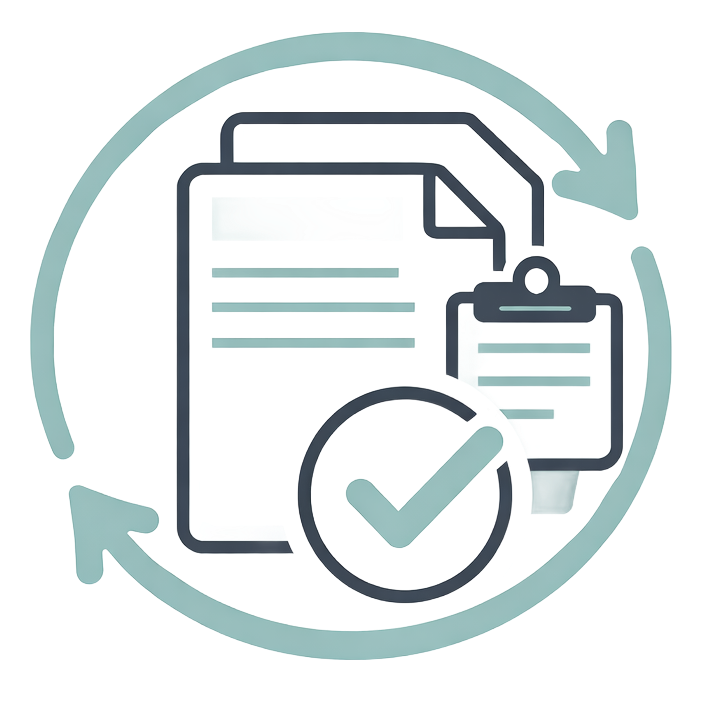 Documents and clipboard with checkmark, surrounded by circular arrows.