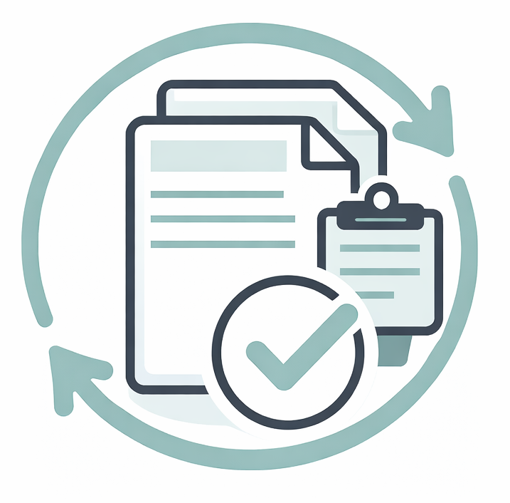 Icon showing documents, clipboard with a checkmark, and circular arrows, representing unlimited revisions.