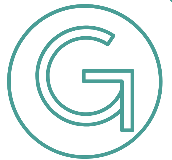 Teal outlined letter G inside a teal circle on a white background