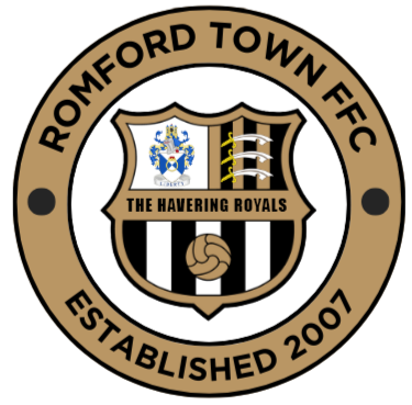 Circular logo for Romford Town FFC, featuring a black-and-white shield, gold football, and crest on a gold ringed border.