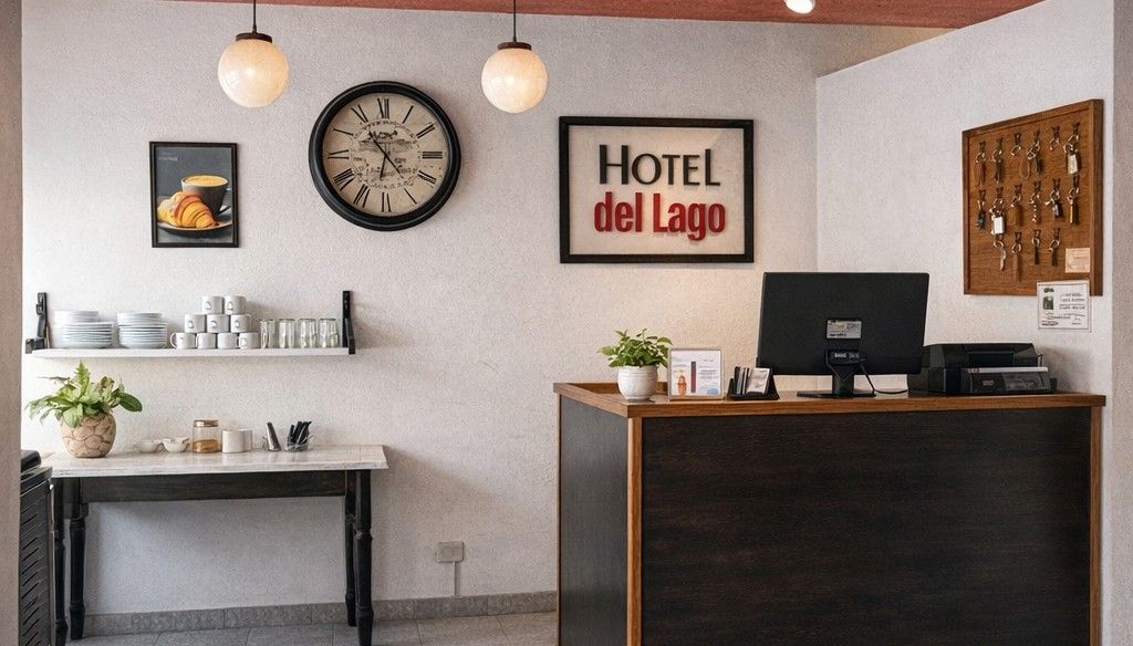 Mostrador de recepción del hotel con letrero de “Hotel del Lago”, reloj de pared, lámparas colgantes