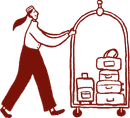 Persona empujando un carrito de botones cargado de equipaje en un dibujo lineal rojo.