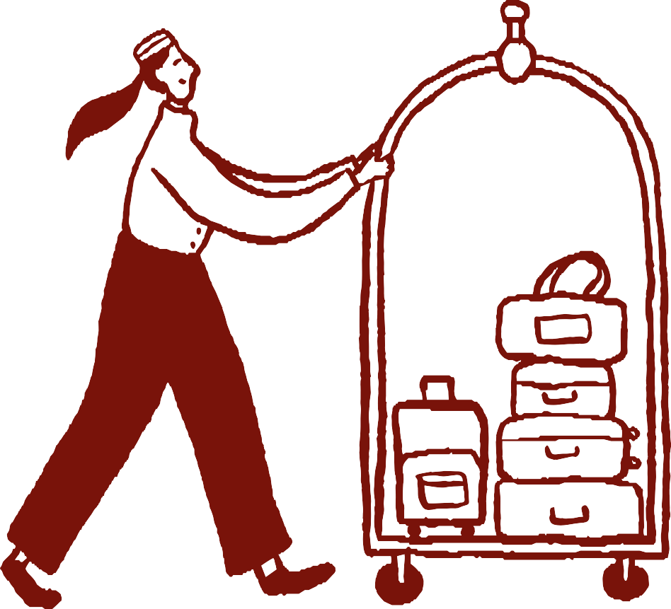 Persona empujando un carrito de botones cargado de equipaje en un dibujo lineal rojo.