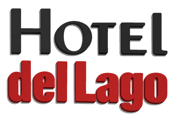 Logotipo del Hotel del Lago en texto negro y rojo sobre fondo blanco.