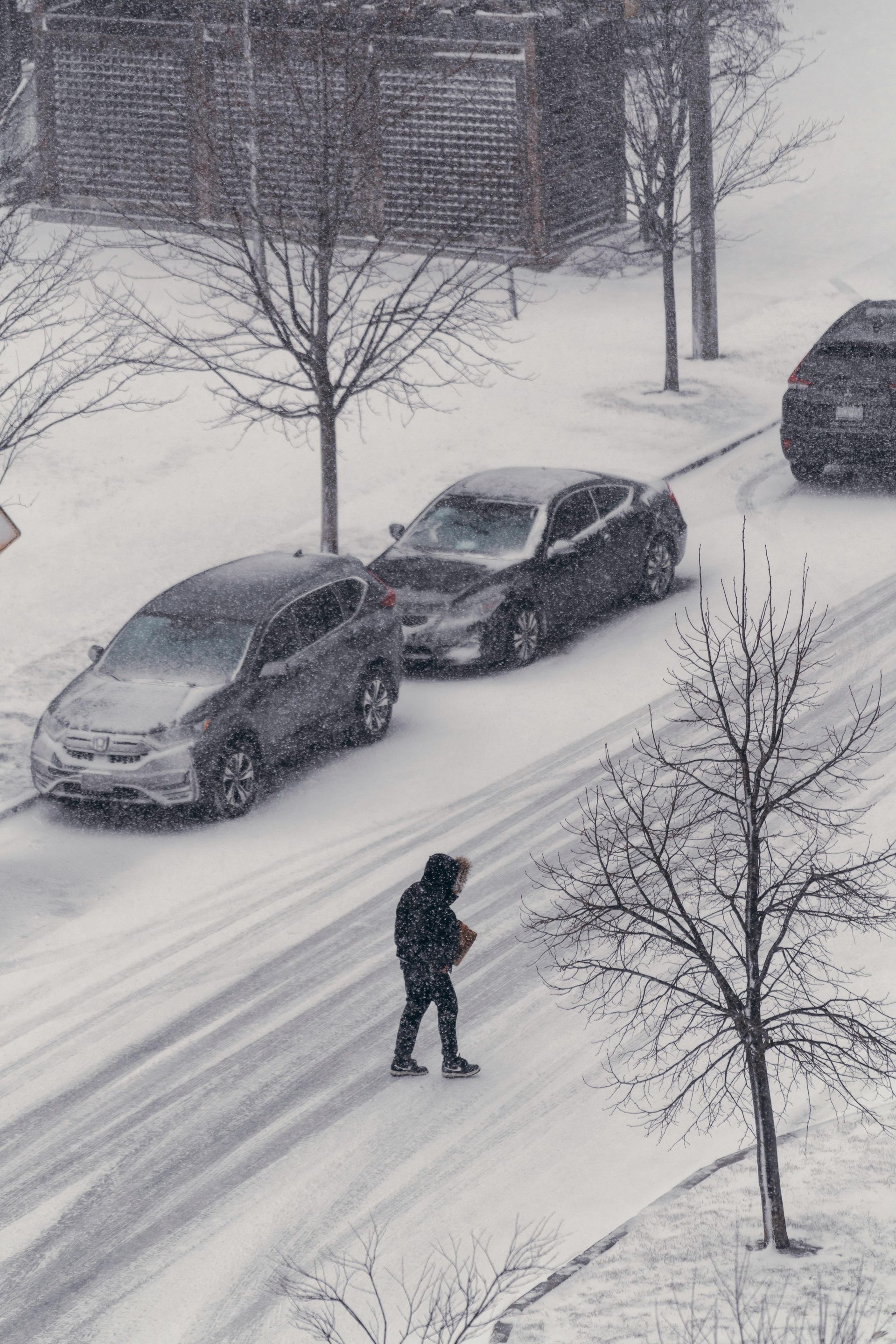 A person is walking down a snowy street next to a row of cars.