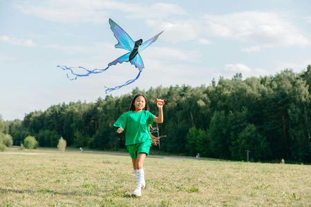 A person in a green outfit runs through a field, holding the string of a blue butterfly-shaped kite flying overhead.
