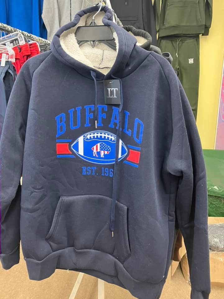 A navy blue hooded sweatshirt with a 