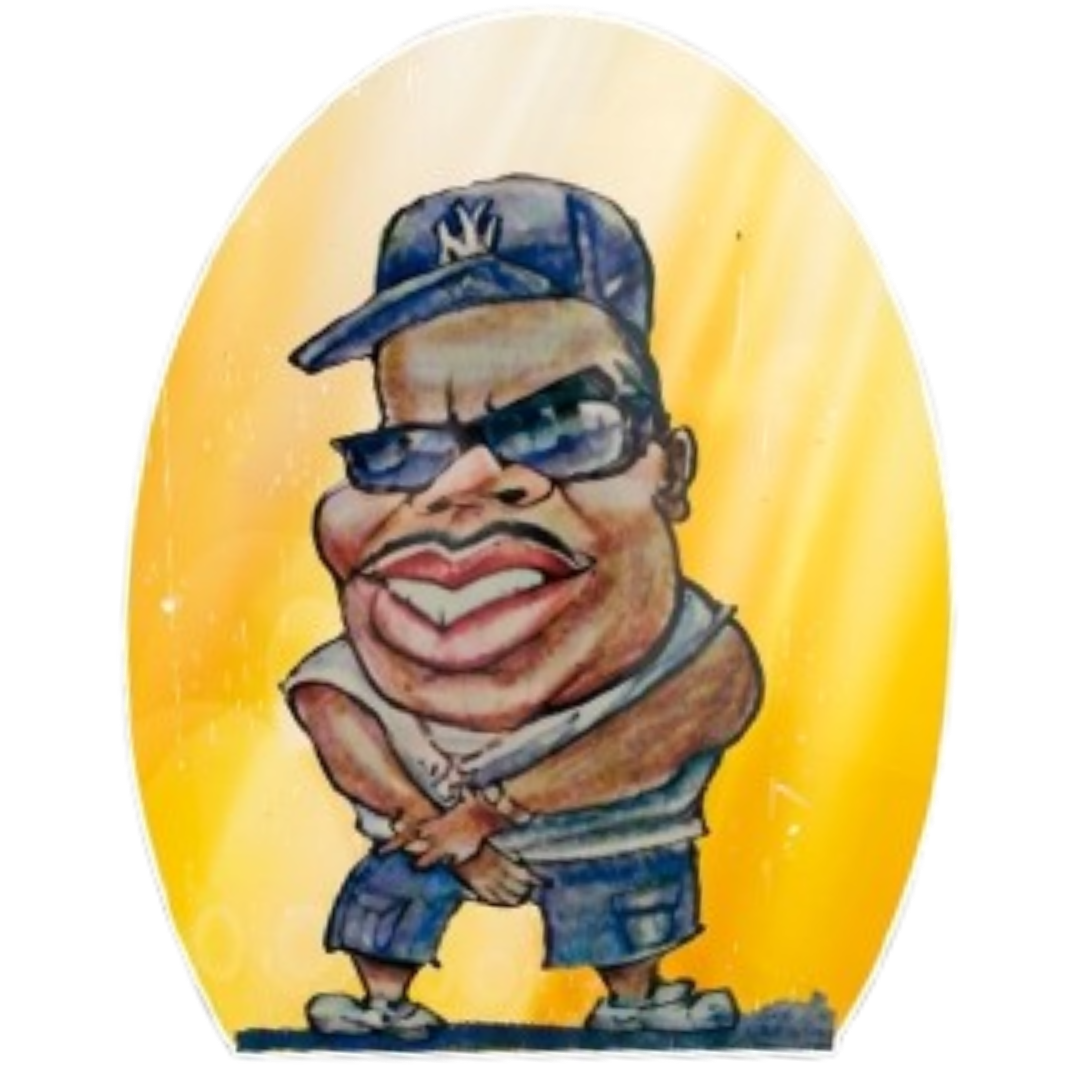 A watercolor caricature of a man wearing a baseball cap, sunglasses, a shirt, and shorts, set against a yellow background.