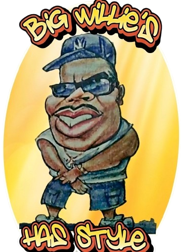 A caricature of a person in a cap and sunglasses, hands crossed, with the text "Big Willie's HAS STYLE" on a yellow oval.