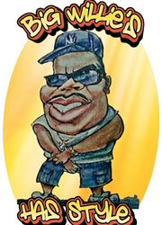 A caricature of a person in a cap and sunglasses, hands crossed, with the text "Big Willie's HAS STYLE" on a yellow oval.