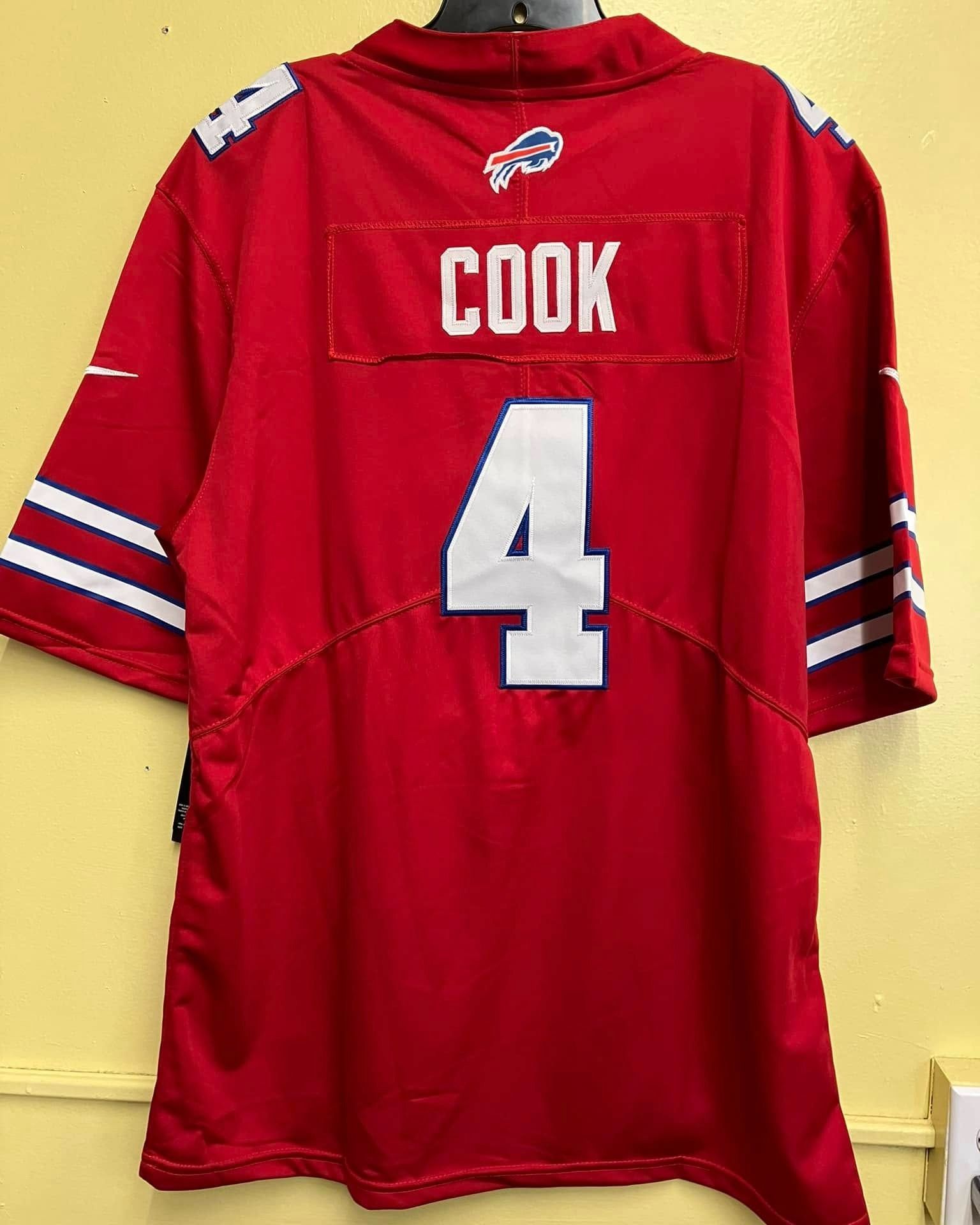 A red Buffalo Bills football jersey featuring the name 