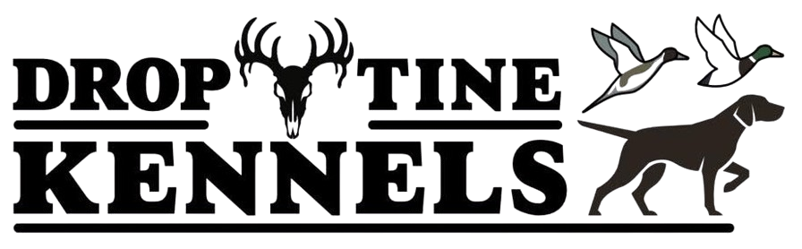 Drop Time Kennels logo with black text, deer antlers, two birds, and a running dog silhouette