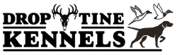 Drop Time Kennels logo with black text, deer antlers, two birds, and a running dog silhouette