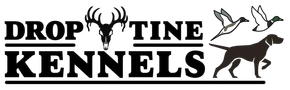 Drop Time Kennels logo with black text, deer antlers, two birds, and a running dog silhouette
