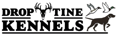 Drop Time Kennels logo with black text, deer antlers, two birds, and a running dog silhouette