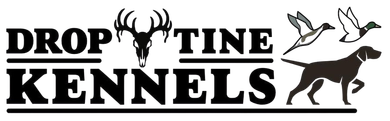 Drop Time Kennels logo with black text, deer antlers, two birds, and a running dog silhouette