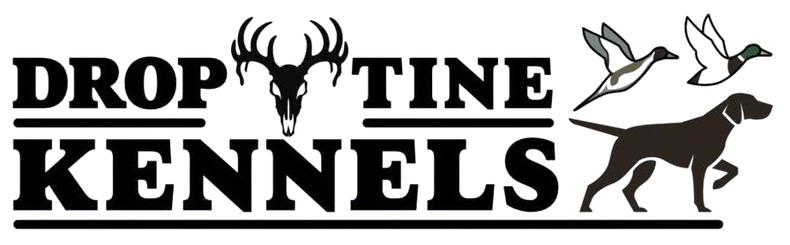 Drop Time Kennels logo with black text, deer antlers, two birds, and a running dog silhouette