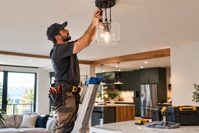 Electrician adjusting a ceiling light fixture in a modern kitchen and living area