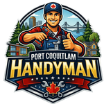 Port Coquitlam Handyman logo with a cartoon handyman holding tools on a black background.