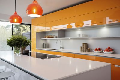 A bright, modern kitchen with white cabinets, marble countertops, and a stainless steel faucet. Hexagonal tile backsplash and a Wolf range.