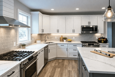 A bright, modern kitchen with white cabinets, marble countertops, and a stainless steel faucet. Hexagonal tile backsplash and a Wolf range.