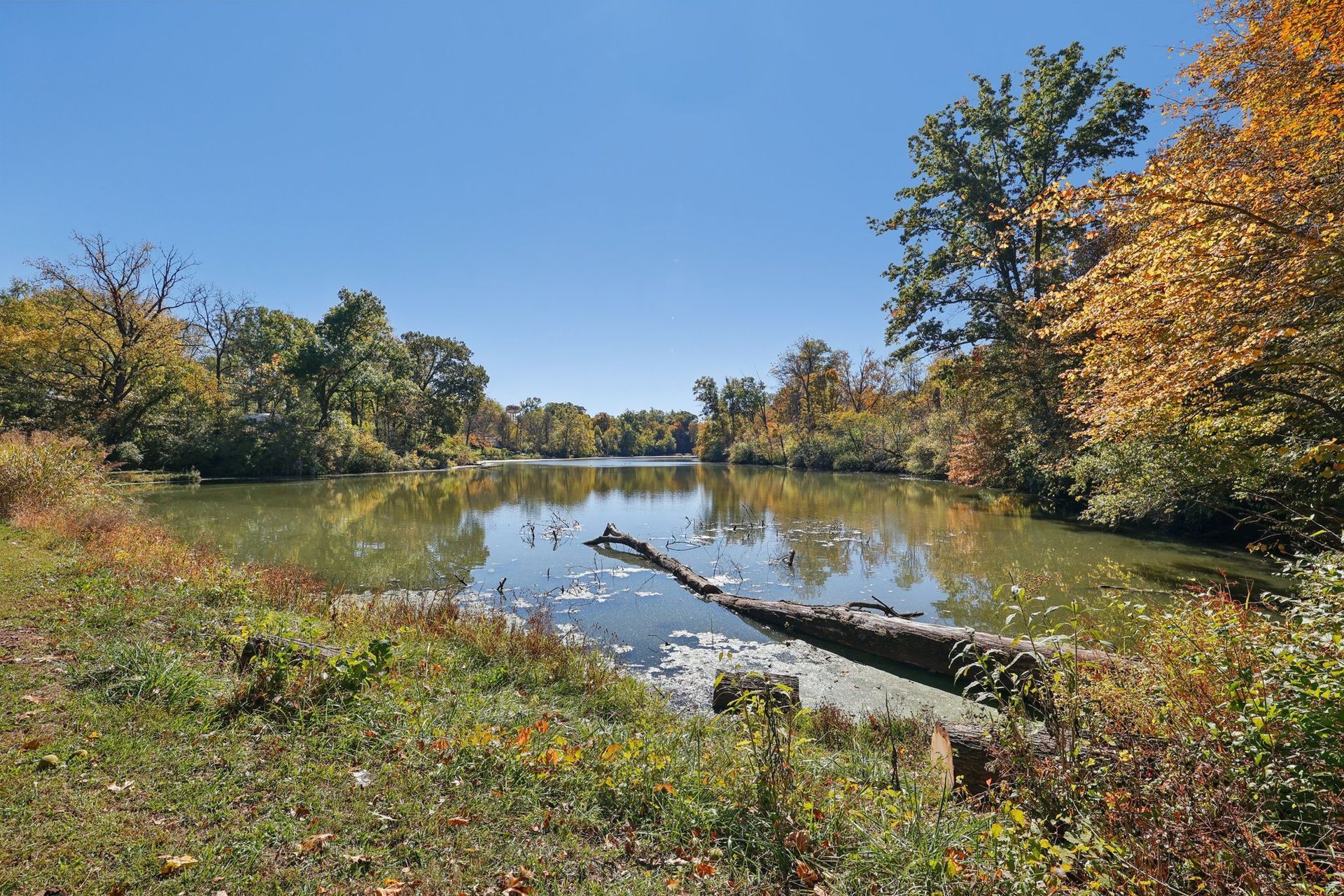 Nature pond with walking area and beautiful fall scenery.