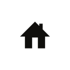 Black house icon with a chimney and open doorway, set against a white background.