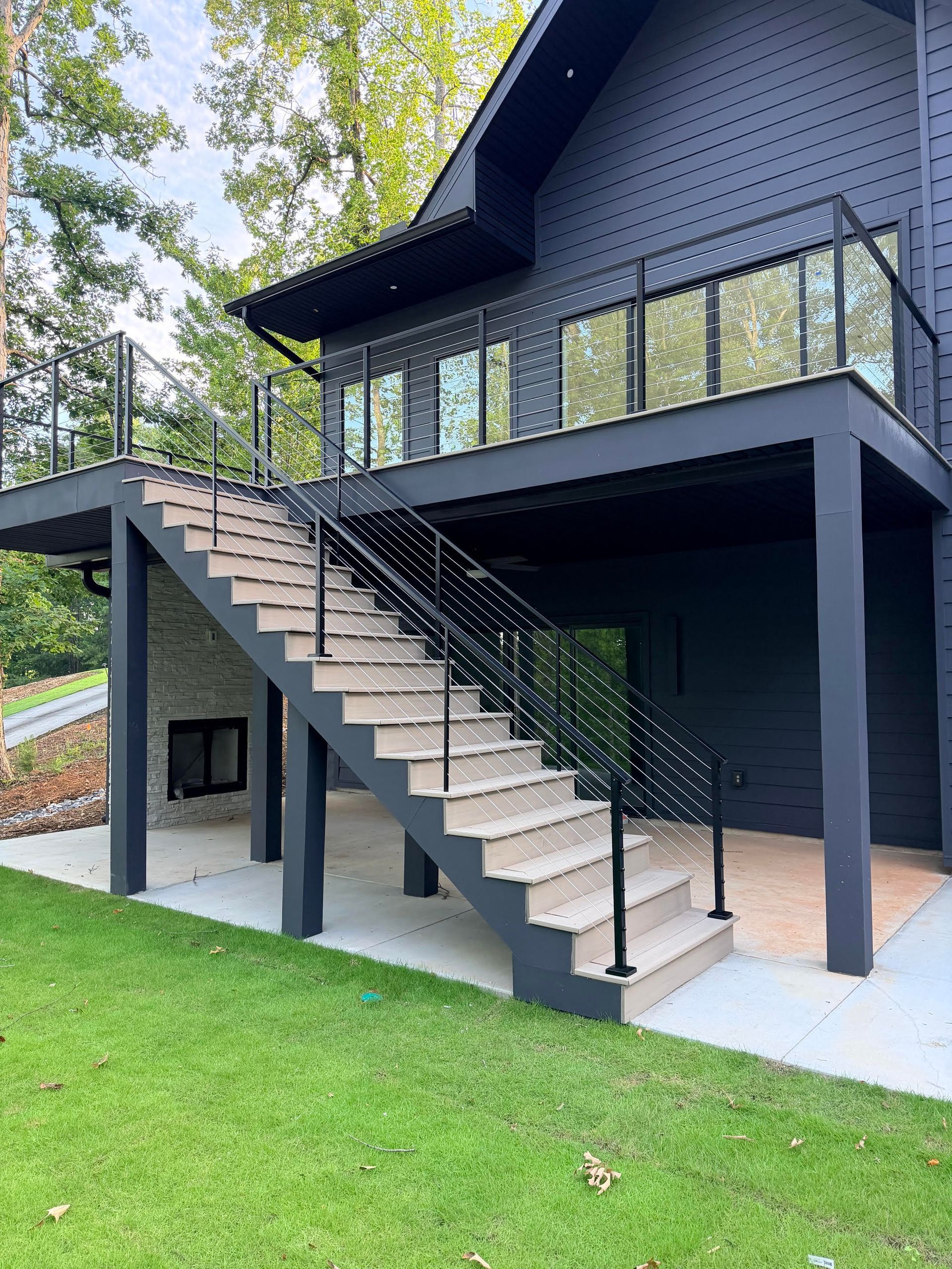 Exterior cable railing deck and stairs on a lakefront home, Greenville SC