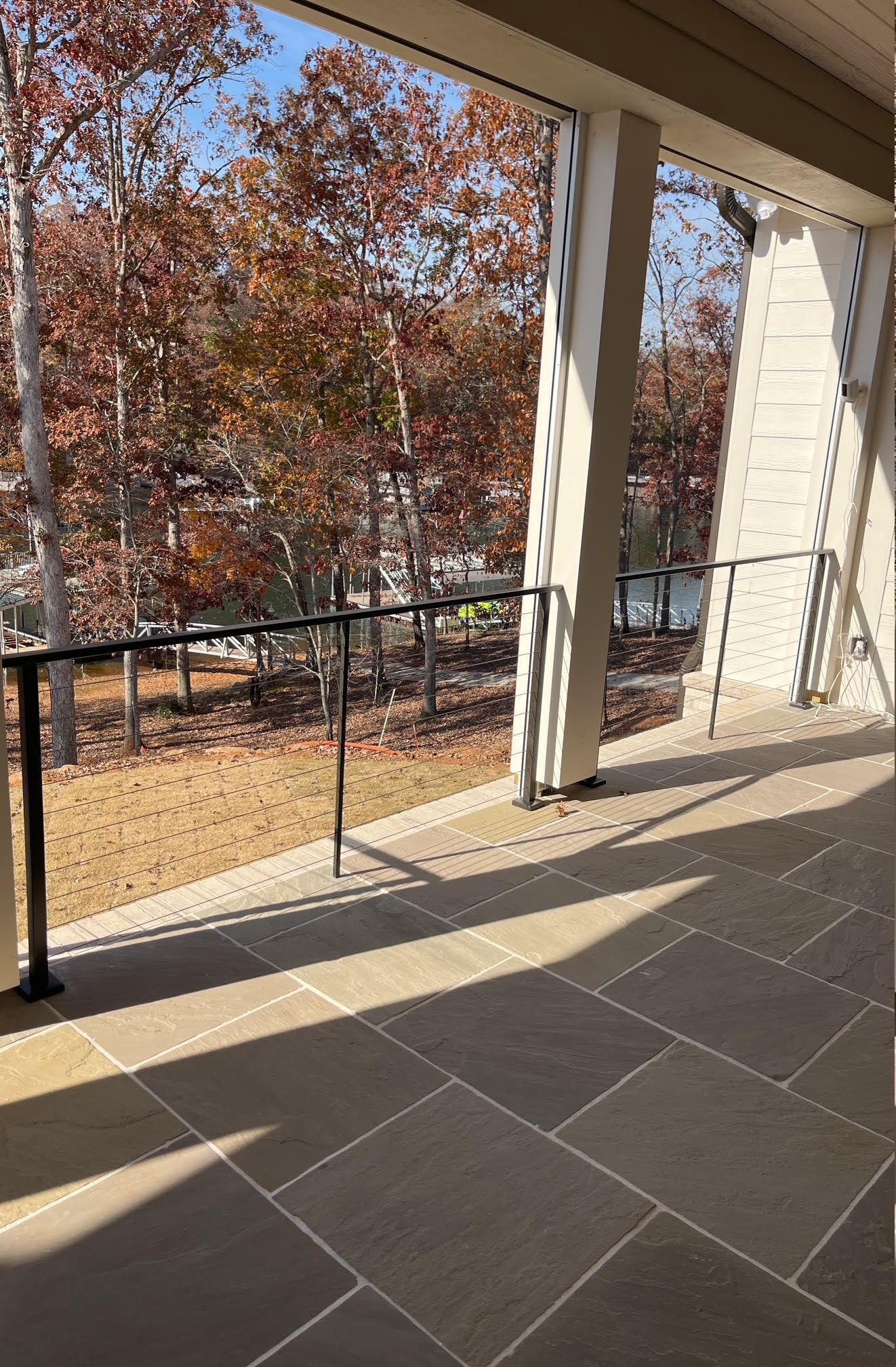 Covered porch cable railing with lake view, Greenville SC
