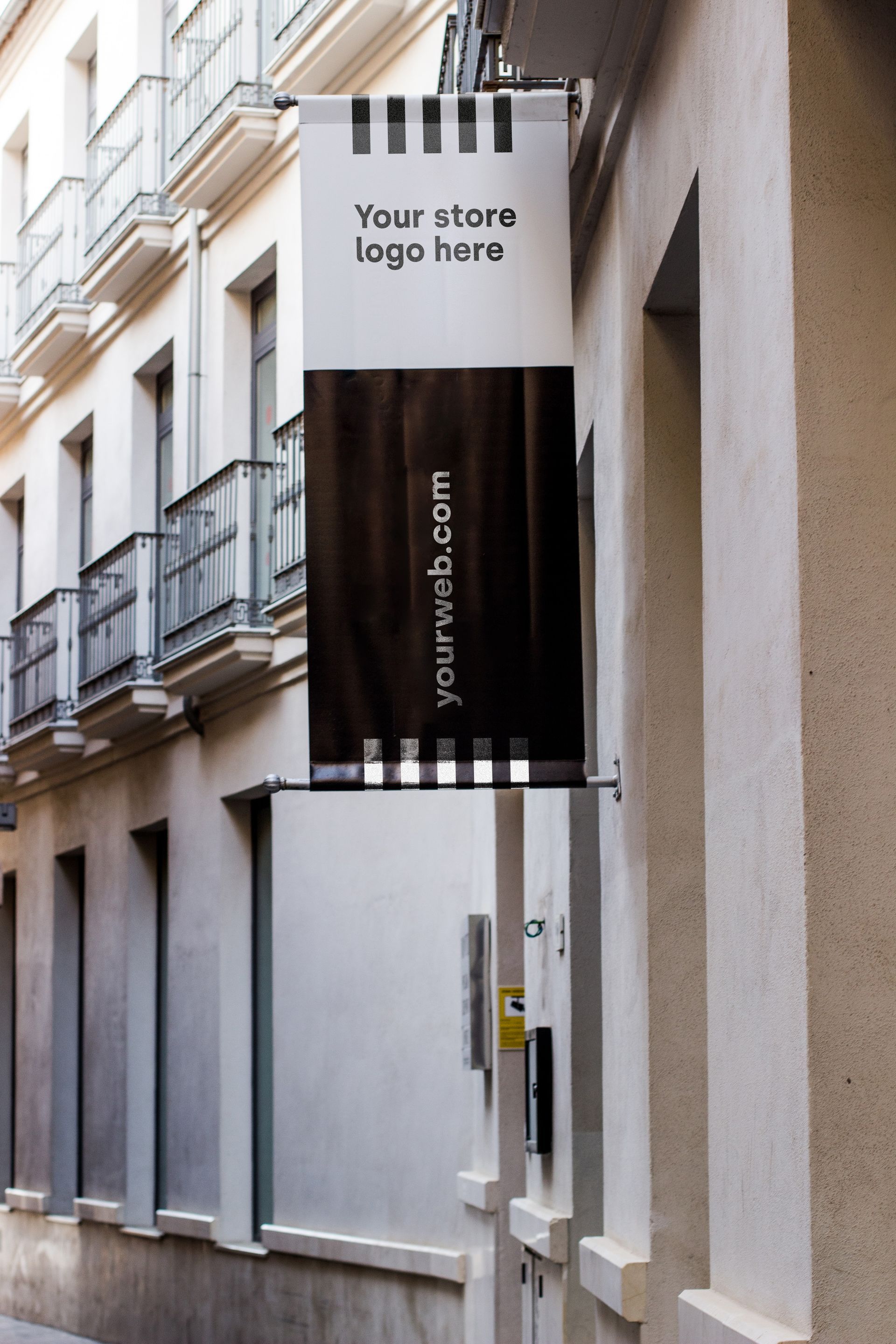 A banner on the side of a building that says your store logo here