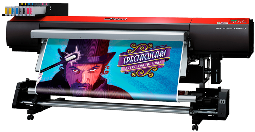 A large printer with a picture of a man in a top hat on it.