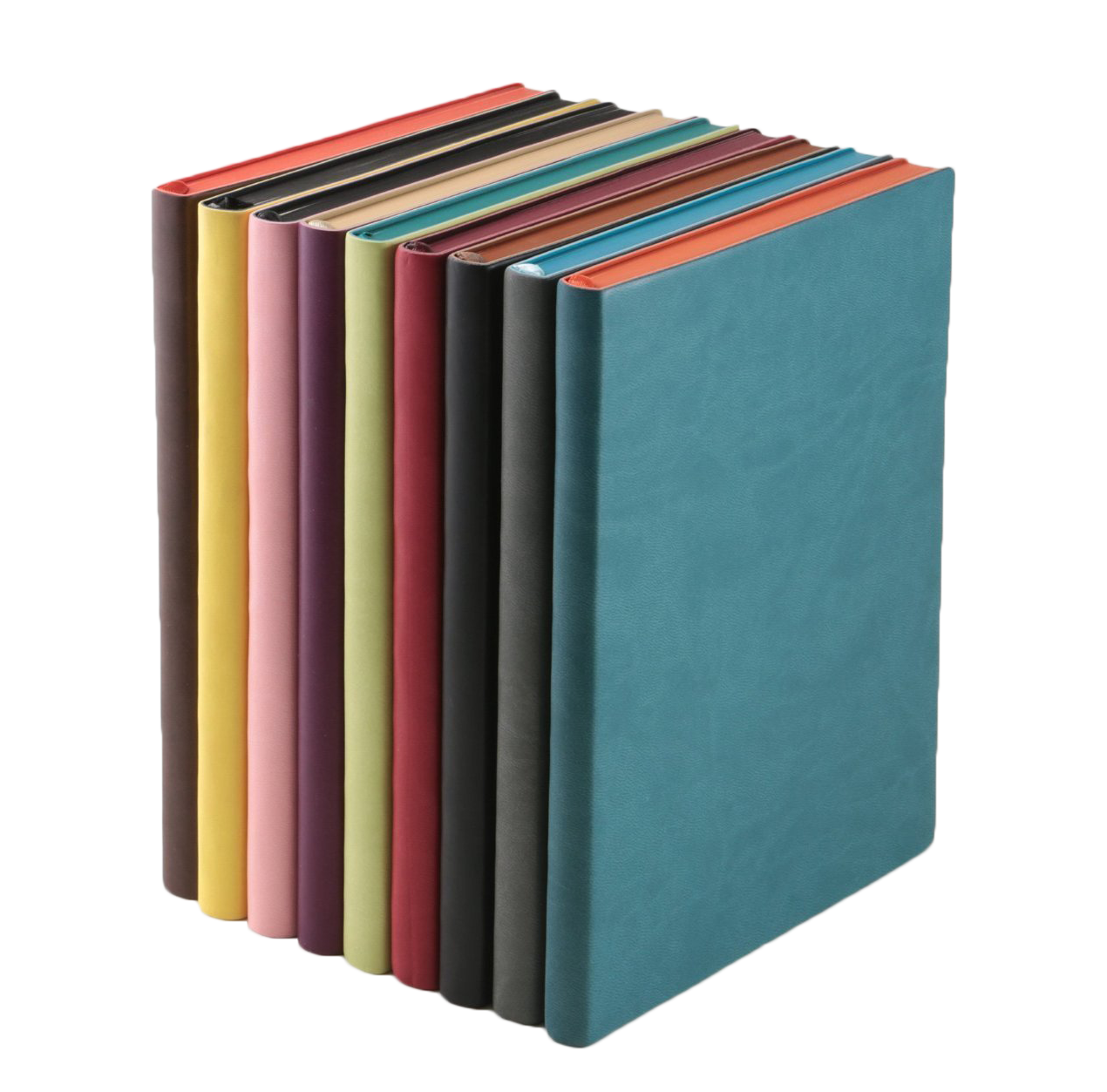 A stack of books with different colors on a white background
