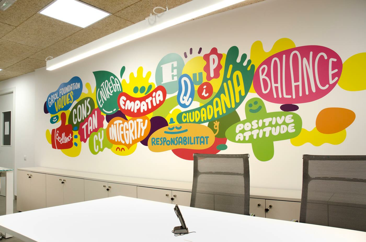 A conference room with a mural on the wall that says balance