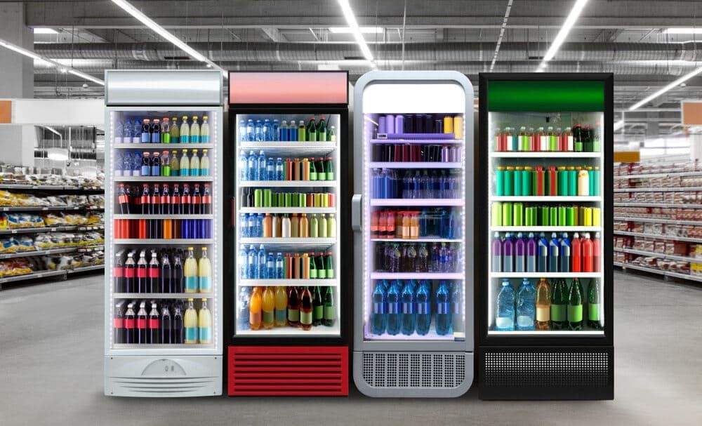 Four Brightly Lit Supermarket Refrigerators — Noosa Refrigeration & Air-conditioning in Gympie, QLD