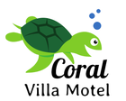 Logo for Coral Villa Motel featuring a green turtle and blue bubbles