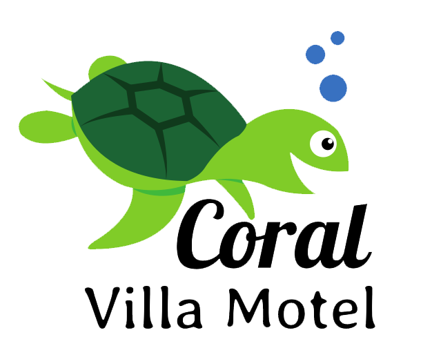Logo for Coral Villa Motel featuring a green turtle and blue bubbles