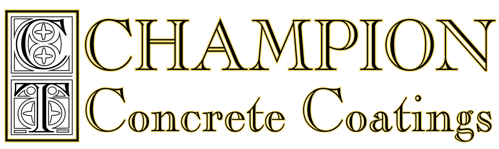 Champion Concrete Coatings logo in gold and black with decorative monogram icon on white background