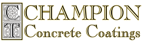 Champion Concrete Coatings logo in gold and black with decorative monogram icon on white background